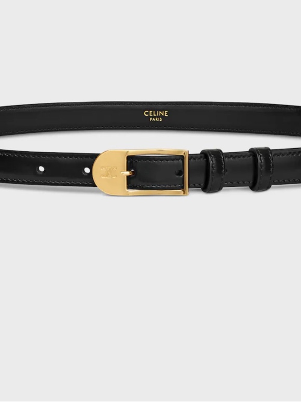 Celine Black Leather Belt with Gold Buckle and Logo